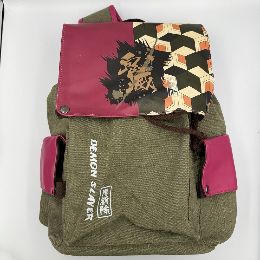 Demon Slayer Giyu Tomioka Backpack Canvas Green Pink Anime Drawstring Bag
